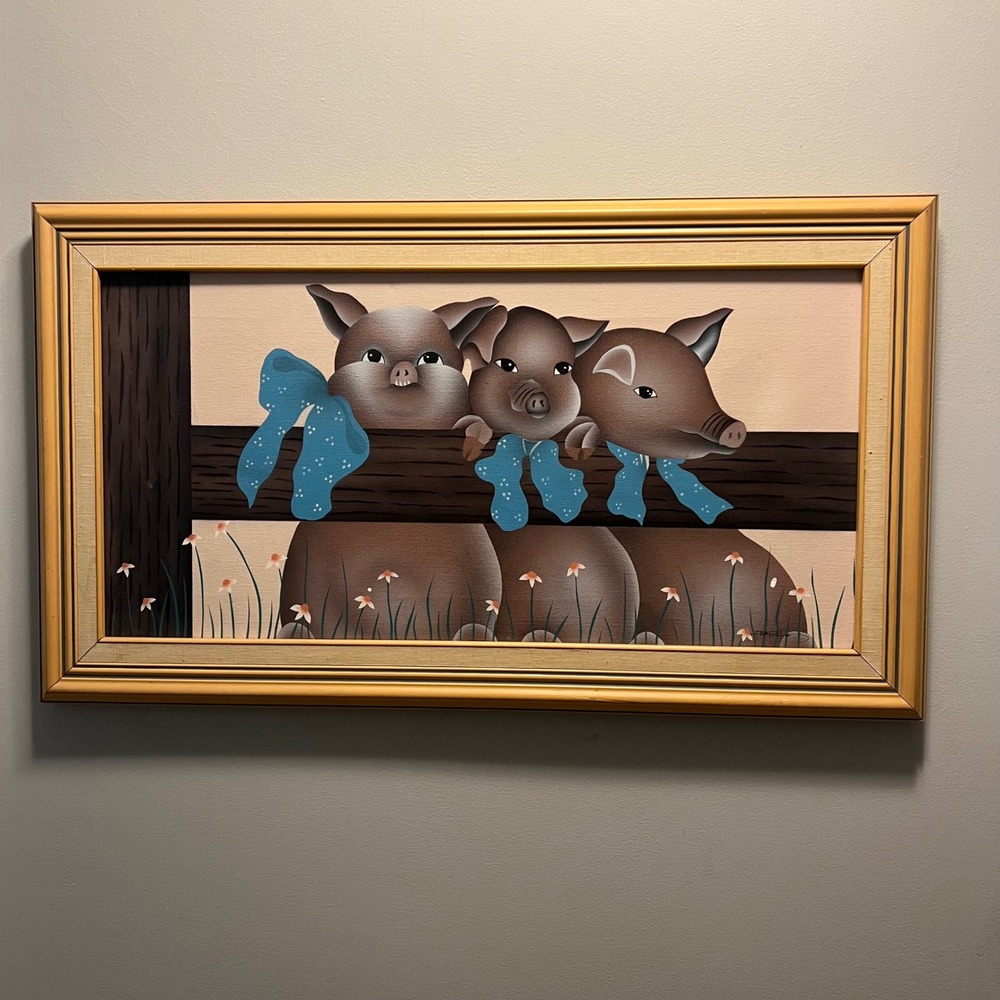 Vintage Folk Art Pigs Oil Painting Americana COA Gallery‎ Framed Fratello 12x24